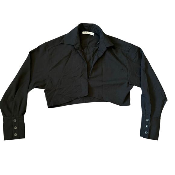 ZARA Cropped Long Sleeve Plunge Neck Blouse Black Womens size Medium - Picture 1 of 5